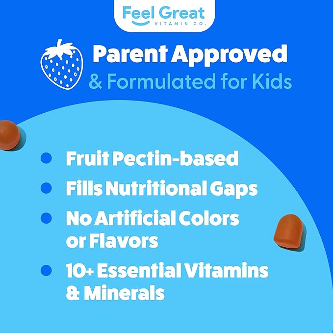Feel Great Kids Multivitamin Gummies | Citrus & Strawberry Flavored Kids Gummies Multivitamins for Bone, Muscle & Immune Support | Chewable Vegetarian Gummy Vitamins | 45 Day Supply