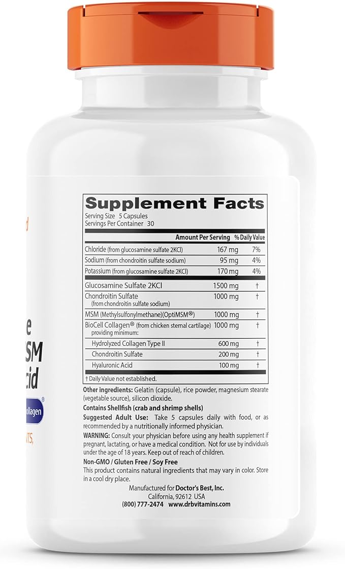 Doctor's Best Glucosamine Chondroitin MSM + Hyaluronic Acid with OptiMSM Featuring Biocell Collagen, Joint Support, Non-GMO, Gluten & Soy Free, 150 Caps