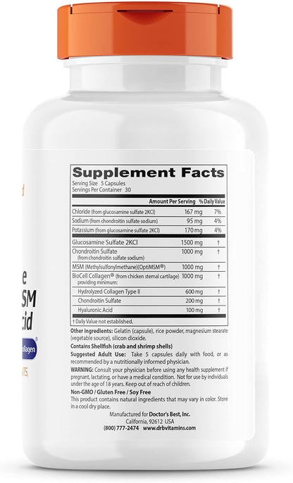 Doctor's Best Glucosamine Chondroitin MSM + Hyaluronic Acid with OptiMSM Featuring Biocell Collagen, Joint Support, Non-GMO, Gluten & Soy Free, 150 Caps