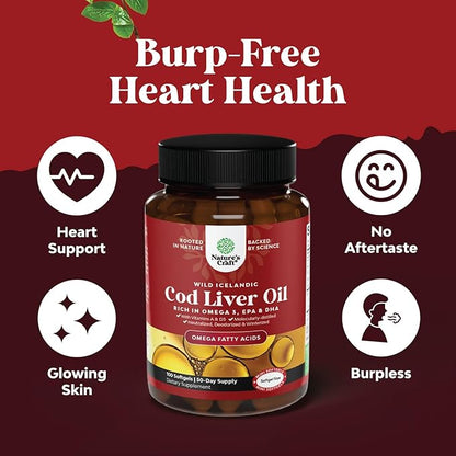 Icelandic Cod Liver Oil Softgels - Wild Caught EPA DHA Omega 3 Fish Oil 1000mg per serving - Sustainably Sourced Burpless Fish Oil Supplement with Vitamin D3 & A for Heart Joint Brain & Immune Support