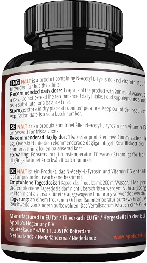 Apollo's Hegemony N-Acetyl-L-Tyrosine (NALT) 500mg and Active Vitamin B6 (P-5-P) 2mg - 120 Capsules - 4 Months Supply - High Strength Amino Acid Supplement - Cognitive Booster