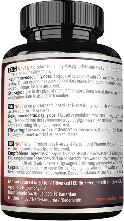Apollo's Hegemony N-Acetyl-L-Tyrosine (NALT) 500mg and Active Vitamin B6 (P-5-P) 2mg - 120 Capsules - 4 Months Supply - High Strength Amino Acid Supplement - Cognitive Booster