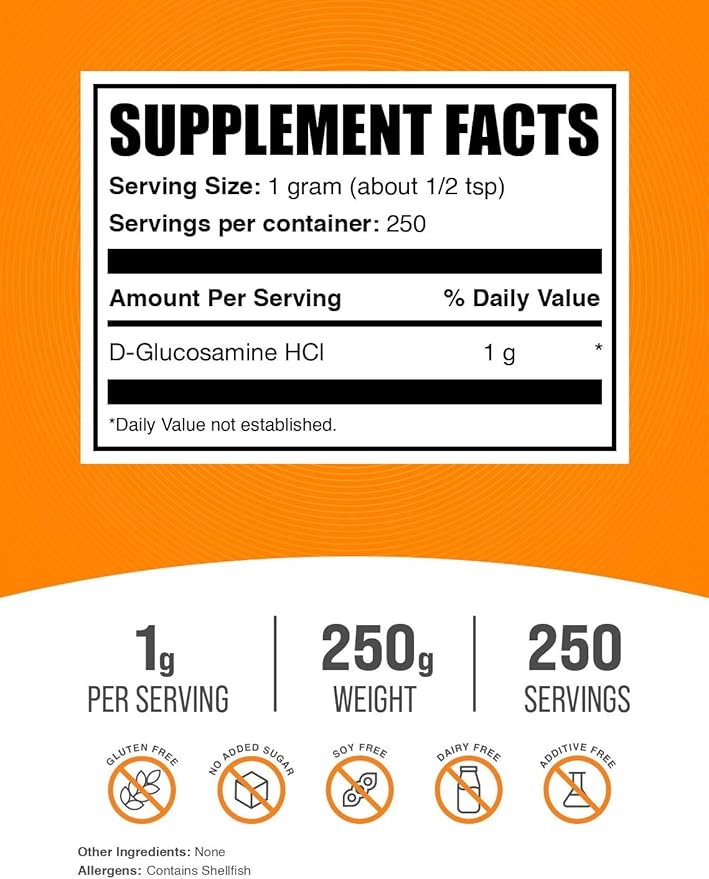 BulkSupplements.com Glucosamine HCl Powder - Glucosamine 1000mg, Glucosamine Supplement, Glucosamine Powder - Gluten Free, 1000mg per Serving, 250g (8.8 oz) (Pack of 1)