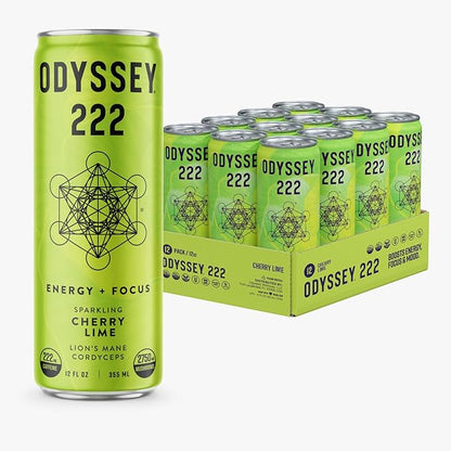 Odyssey 222 Energy Drink, Pre Workout, 222mg Caffeine, Clean Energy Drinks, L Theanine, Lions Mane, Cordyceps & Green Tea for Energy, Focus & Mood Boost, Low Calorie, Cherry Lime, 12 Fl oz, 12 Pack