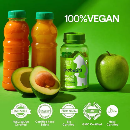 Probears® Immune Support Gummies - Vitamin C, Selenium, Zinc, Vitamins B6, B12 and D2 Organic Immunity Boost - Natural Vitamin Support for Adults - Vegan, Gluten Free, Gelatin Free, Halal - 60 Count