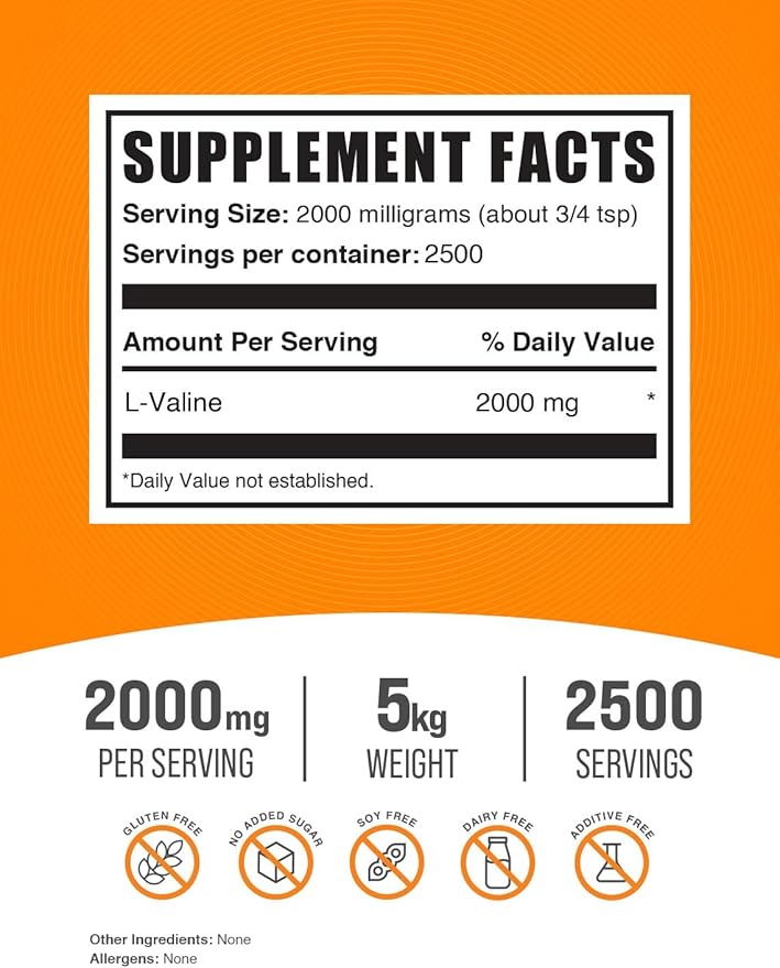 BulkSupplements.com L-Valine Powder - Valine Supplement, Valine Amino Acids - BCAA Supplement, L-Valine 2000mg - Gluten Free, 2000mg per Serving, 5kg (11 lbs) (Pack of 5)
