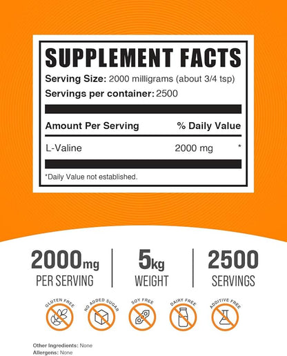 BulkSupplements.com L-Valine Powder - Valine Supplement, Valine Amino Acids - BCAA Supplement, L-Valine 2000mg - Gluten Free, 2000mg per Serving, 5kg (11 lbs) (Pack of 5)