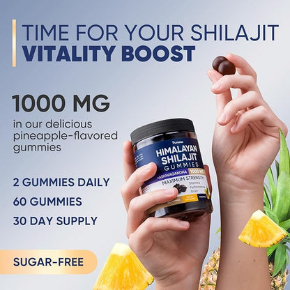 Shilajit Gummies 1000mg for Men and Women, Energy, Immunity Support, Pure Himalayan Shilajit Gummies with Ashwagandha, Sugar Free, Vegan, Pineapple Flavor, 30 Day Supply, Manganese, 60 pcs