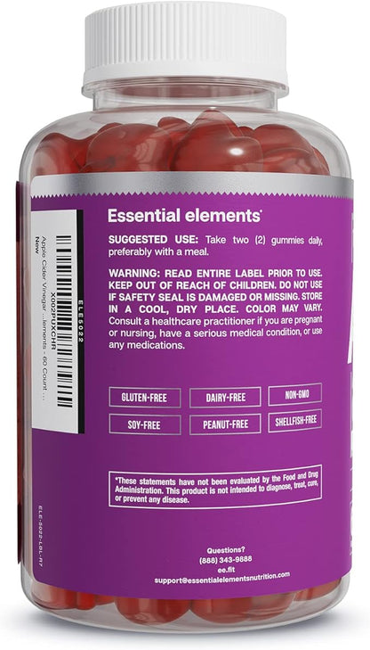 Essential Elements Apple Cider Vinegar Gummies from The Mother - Naturally-Sourced, Vegan ACV with Folic Acid and Vitamin B6 & B12 60 Count
