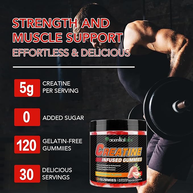 Creatine Monohydrate Gummies for Men & Women - 5g per Serving, Low Sugar Creatine Monohydrate Gummies - Increase Strength, Muscle Gain, Recovery, Endurance - Vegan, Gluten-Free,Strawberry (120 Count)