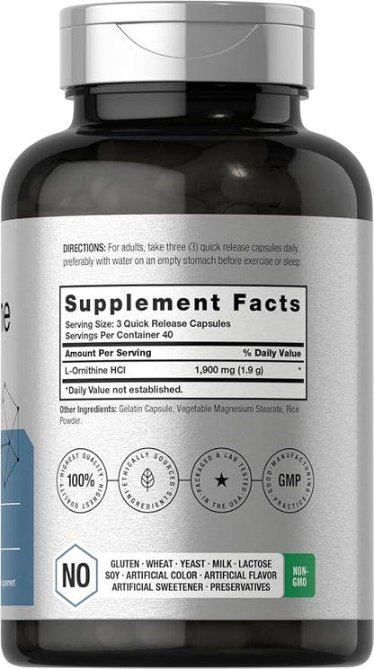 Horbäach L Ornithine HCl | 1900mg | 120 Capsules | Non-GMO & Gluten Free Supplement