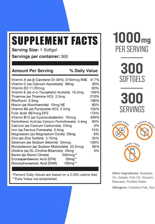 BulkSupplements.com Multivitamin for Men Softgels - Daily Multivitamin, Multimineral Supplement, with Fish Oil - Gluten Free, 1 Men's Multivitamin Softgel per Serving, 300 Count (Pack of 1)