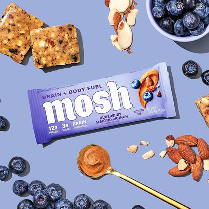 MOSH Blueberry Almond Crunch Keto Protein Bars, High Fiber, Low Carb, Gluten Free, High Protein, Brain Healthy Snack, 12 Count