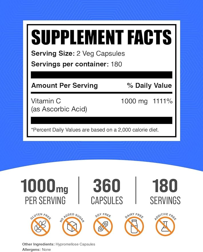 BulkSupplements.com Ascorbic Acid Capsules - Ascorbic Acid Vitamin C 1000mg, Vitamin C Supplement - for Immune Support Gluten Free, 2 Capsules per Serving, 360 Veg Capsules (Pack of 1)