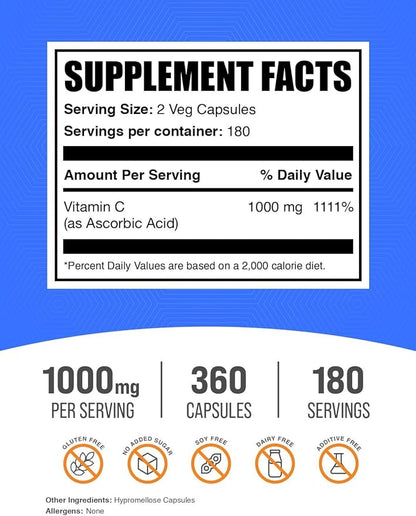 BulkSupplements.com Ascorbic Acid Capsules - Ascorbic Acid Vitamin C 1000mg, Vitamin C Supplement - for Immune Support Gluten Free, 2 Capsules per Serving, 360 Veg Capsules (Pack of 1)