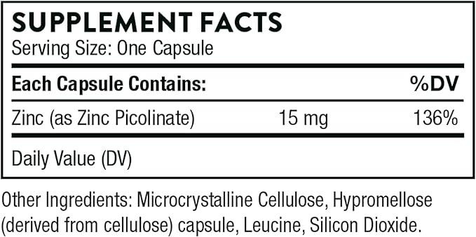 Thorne Zinc Picolinate 15mg - Highly Absorbable Zinc Supplement - Supports Wellness, Immune System, Eye, Skin, and Reproductive Health - Gluten-Free, Soy-Free, Dairy-Free - 60 Capsules