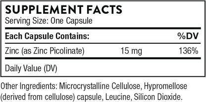Thorne Zinc Picolinate 15mg - Highly Absorbable Zinc Supplement - Supports Wellness, Immune System, Eye, Skin, and Reproductive Health - Gluten-Free, Soy-Free, Dairy-Free - 60 Capsules