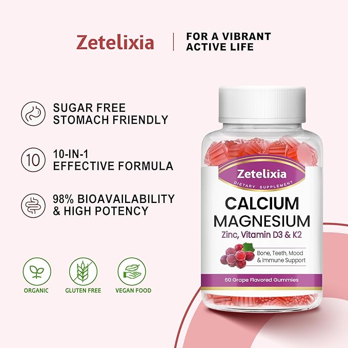 Calcium Gummies for Women Men, Calcium Magnesium Zinc with Vitamin D3 & K2, Calcium Magnesium Supplement for Bones Muscles and Joints, Grape Flavor - 120 Count