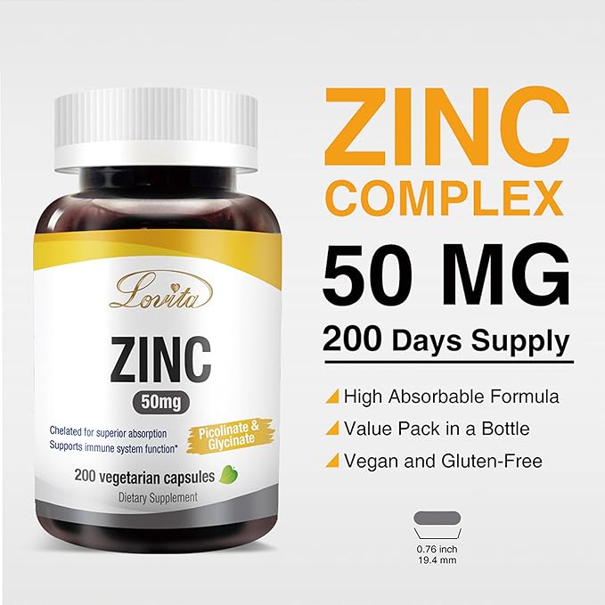 Lovita Zinc 50mg | Potent Highly-Absorbed Chelated Zinc Supplements, Picolinate & Bisglycinate | Vegan, Gluten Free, Non-GMO | for Immune, Antioxidant Support & Healthy Skin | 200 Capsules