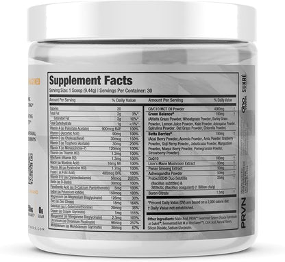 PRVN Performance Multi+ Greens, Probiotic, Ashwagandha, Lions Mane & MCT Powder - Energy & Mental Boost, 30 Serv (Orange Cream)