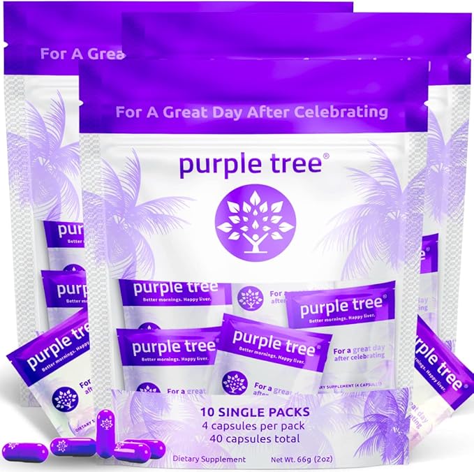 Purple Tree Post-Celebration Wellness | Liver Support, Hydration & Replenisher | Dihydromyricetin DHM, Milk Thistle, Electrolytes, Vitamins | Bachelorette & Bachelor Party Kits, 30 Packets (120 pills)
