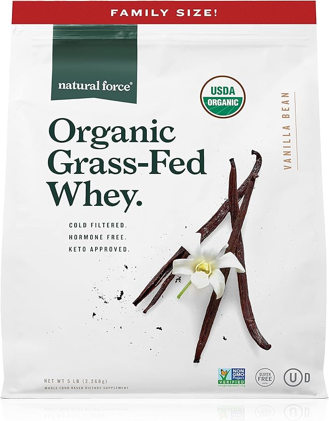 Natural Force Grass Fed Organic Whey Protein Powder – Non GMO Verified, Humane Certified & Lab Tested for Toxins – Real Vanilla Flavor – Keto Friendly, Low Carb, and Kosher – 5 Pound A2 Protein