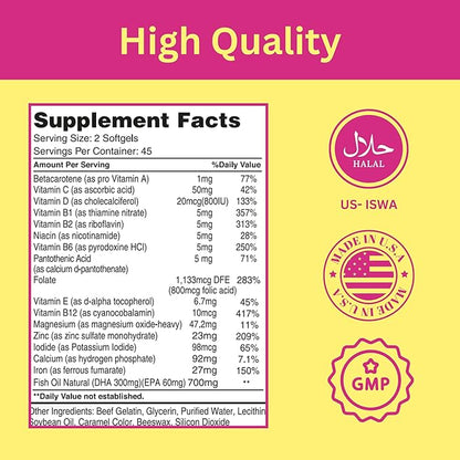 Greenfield Nutritions Halal Prenatal Vitamins with DHA and Folic Acid - Essential Prenatal Pregnancy Multivitamin with Iron - Contains 17 Vitamins for Mom to Be - Easy to Swallow 90 Liquid Softgels