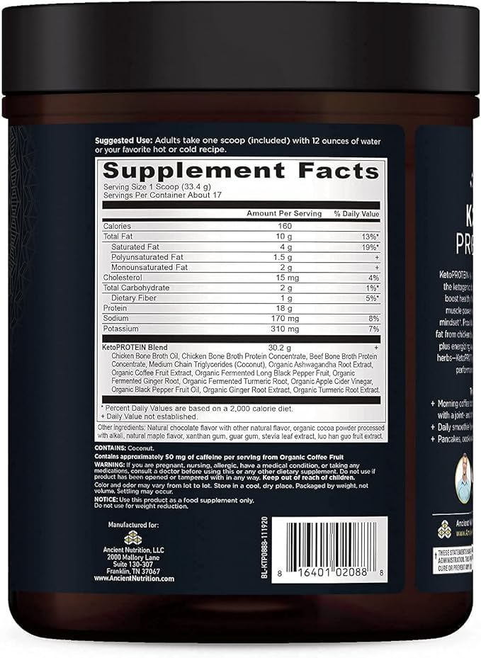 Ancient Nutrition Keto Protein Powder, KetoPROTEIN with Fats from Bone Broth and MCT Oil, Chocolate, 18g Protein 10g Fat Per Serving, Gluten Free, Low Carb, Paleo Friendly, 17 Servings