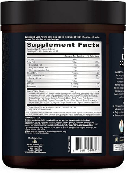 Ancient Nutrition Keto Protein Powder, KetoPROTEIN with Fats from Bone Broth and MCT Oil, Chocolate, 18g Protein 10g Fat Per Serving, Gluten Free, Low Carb, Paleo Friendly, 17 Servings