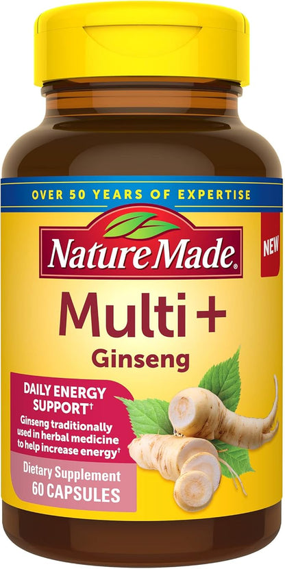 Nature Made Multi + Ginseng, Daily Energy Multivitamin for Adults, One Per Day Vitamin, 60 Capsules