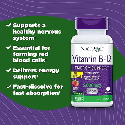 Natrol Vitamin B12 Fast Dissolve Tablets, Promotes Energy, Supports a Healthy Nervous System, Maximum Strength, Strawberry Flavor, 5,000mcg, 100 Count (Pack of 2)