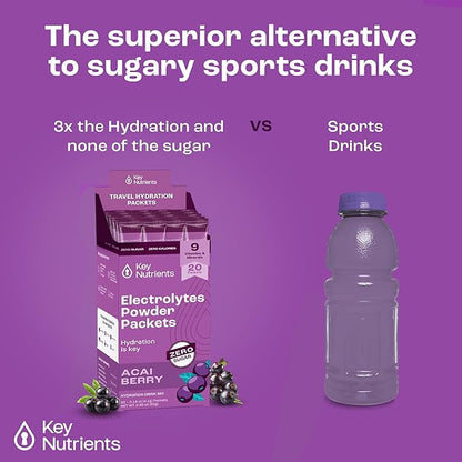 KEY NUTRIENTS Multivitamin Electrolytes Powder Packets - Delicious Acai Berry 20 Pack Hydration Packets - Travel Hydration Powder - No Sugar, No Calories, Gluten Free - Made in USA