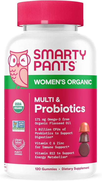 SmartyPants Organic Women's Multivitamin Gummies: Biotin, Probiotics, Methylfolate, Omega 3 (ALA), Vitamin D3, C, Vitamin B12, B6, Vitamin A, K & Zinc, Gluten Free, 120 Count (30 Day Supply)