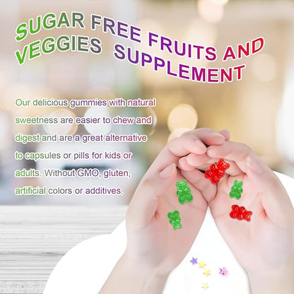 Sugar-Free Fruits and Veggies Gummies Supplement, Multi-Vitamins & Minerals in Gummies, Natural Fruits and Vegetables Supplement, Immunity & Antioxidant & Energy Supplements for Women & Men