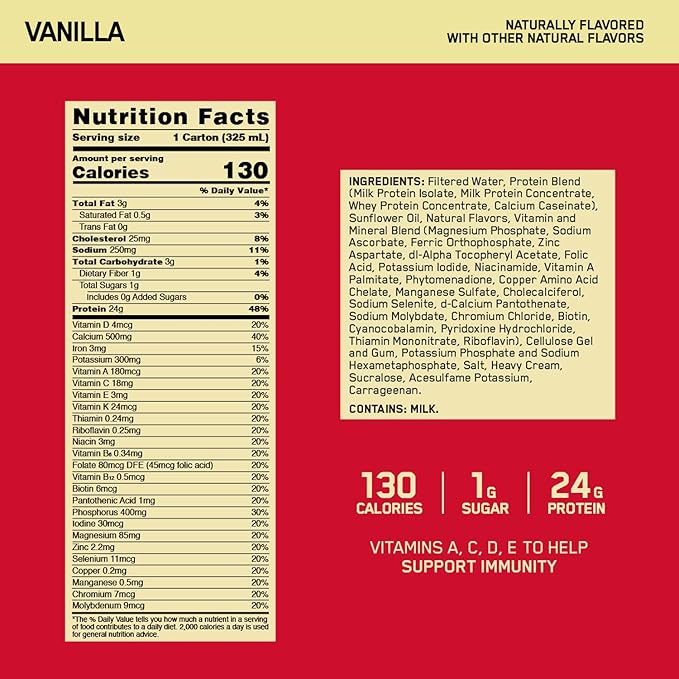 Optimum Nutrition Gold Standard Protein Shake, 24g Protein, Ready to Drink Protein Shake, Gluten Free, Vitamin C for Immune Support, Vanilla, 11 Fl Oz, 12 Count (Pack of 1) (Packaging May Vary)