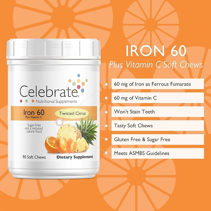 Celebrate Vitamins Iron Supplement with Vitamin C - 60mg Iron, 60mg Vitamin C, Bariatric Vitamins for WLS Patients, Vertical Sleeve & Gastric Bypass Surgery - Citrus, 90 Soft Chews