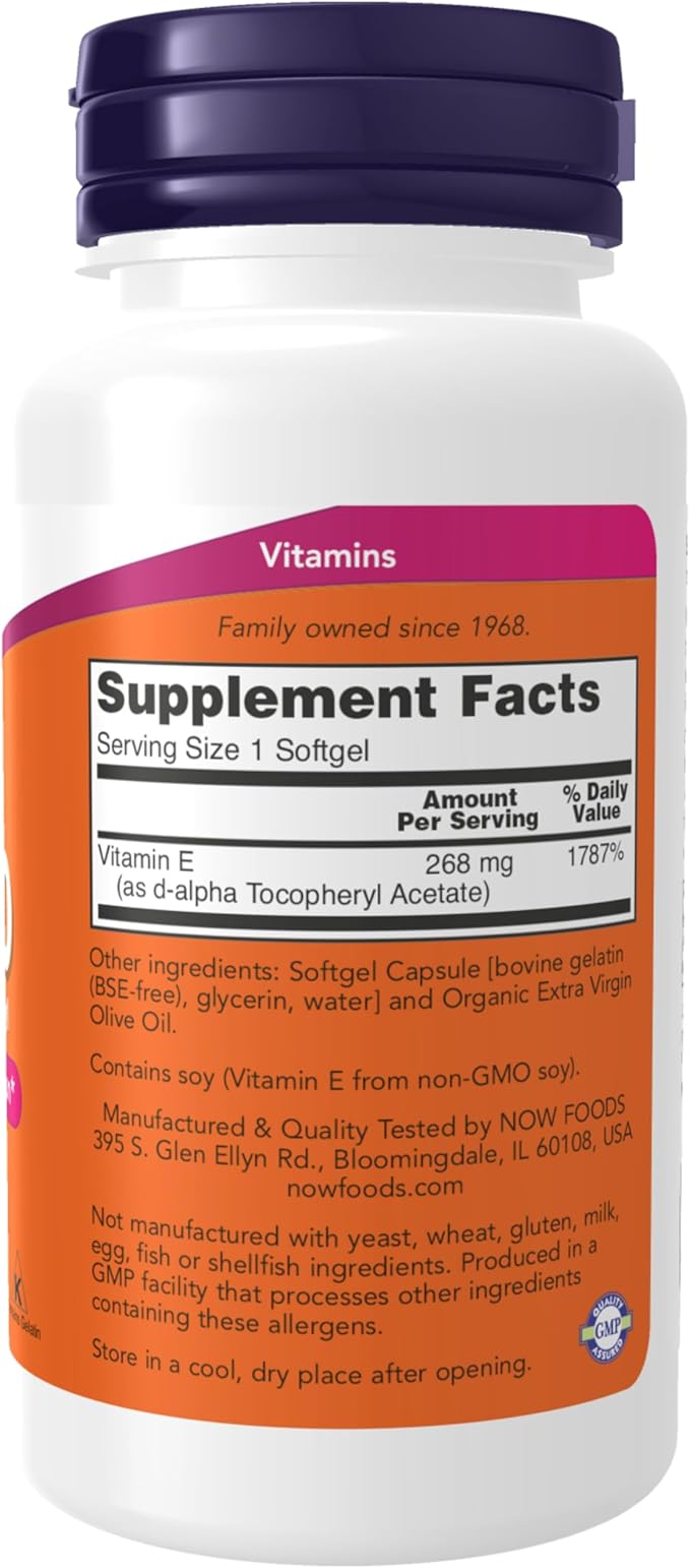 NOW Supplements, Vitamin E-400 IU, D-Alpha Tocopheryl, Antioxidant Protection, Softgels, 100 Count (Pack of 1)