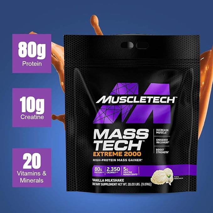 MuscleTech Mass Gainer Protein Powder, Mass-Tech Extreme 2000, Muscle Builder Whey Protein Powder, Protein + Creatine + Carbs, Max-Protein Weight Gainer for Women & Men, Vanilla, 20 lbs