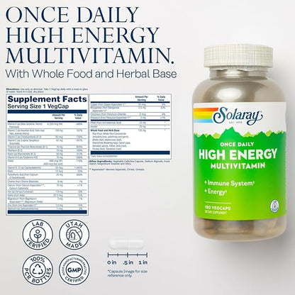 SOLARAY Once Daily High Energy Multivitamin for Women and Men - Energy Supplements - Immune Support w/Vitamin C, A, D and E, Vitamin B Complex, Trace Minerals, 60-Day Guarantee, 180 Serv, 180 VegCaps