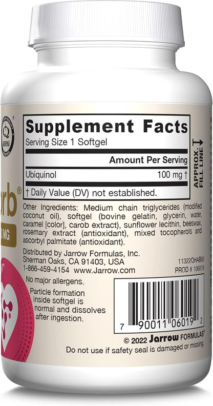 Jarrow Formulas QH-Absorb, 100 mg, Ubiquinol Dietary Supplement for Healthy Cardiovascular Function, 60 Softgels, 60 Day Supply
