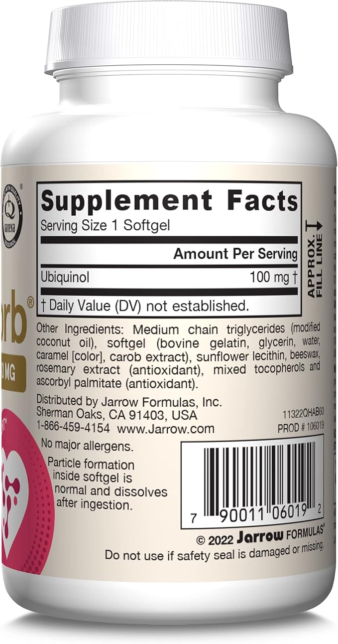 Jarrow Formulas QH-Absorb, 100 mg, Ubiquinol Dietary Supplement for Healthy Cardiovascular Function, 60 Softgels, 60 Day Supply