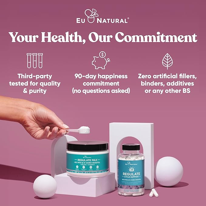 Eu Natural Regulate MAX Myo-Inositol & D-Chiro Inositol Supplement Powder for Women with Vitamin D & Folate PCOS Nutritional Support, Hormone Balance & Fertility Support, Unflavored 60 Servings