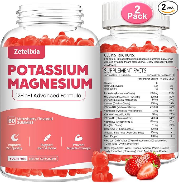 Potassium Magnesium Supplement Gummies for Adults Kids, Magnesium Glycinate Gummies 600mg & Potassium Citrate 1000mg, Plus Multivitamin,Omega-3 & Black Pepper, Leg Cramps, Muscle & Heart Health, 120ct