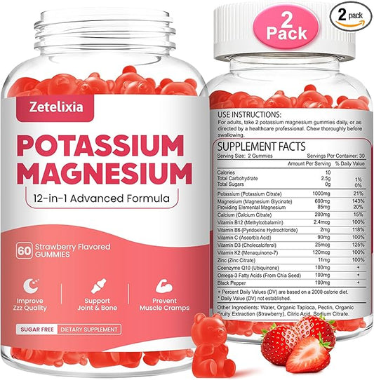 Potassium Magnesium Supplement Gummies for Adults Kids, Magnesium Glycinate Gummies 600mg & Potassium Citrate 1000mg, Plus Multivitamin,Omega-3 & Black Pepper, Leg Cramps, Muscle & Heart Health, 120ct