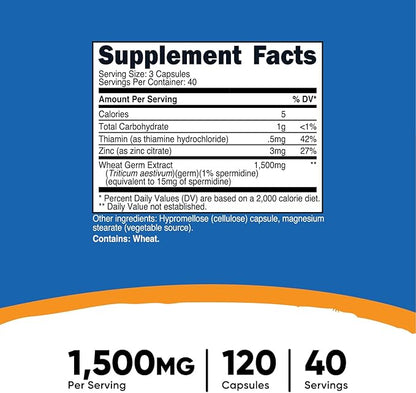 Nutricost Spermidine Wheat Germ Extract Supplement, 1500mg Wheat Germ Extract, 120 Capsules - 15mg Equivalent Spermidine Per Serving, 40 Servings, Vegetarian and Non-GMO