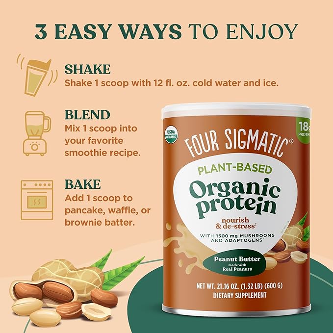Four Sigmatic Organic Plant-Based Protein Powder Peanut Butter Protein with Lion’s Mane, Chaga, Cordyceps and More | Clean Vegan Protein Elevated for Brain Function and Immune Support | 21.16 oz