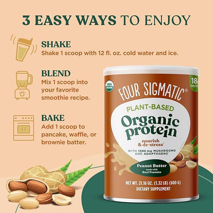 Four Sigmatic Organic Plant-Based Protein Powder Peanut Butter Protein with Lion’s Mane, Chaga, Cordyceps and More | Clean Vegan Protein Elevated for Brain Function and Immune Support | 21.16 oz