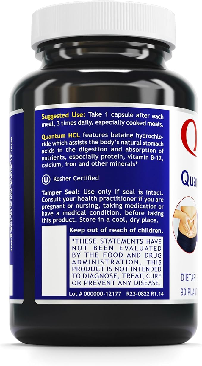 Quantum Nutrition Labs Quantum Betaine HCL - Betaine Hydrochloride, Betaine Hydrochloric Acid Supplement for Optimal Digestive Function and Low Stomach Acid, Betaine-HCL - 90 Plant-Based Capsules