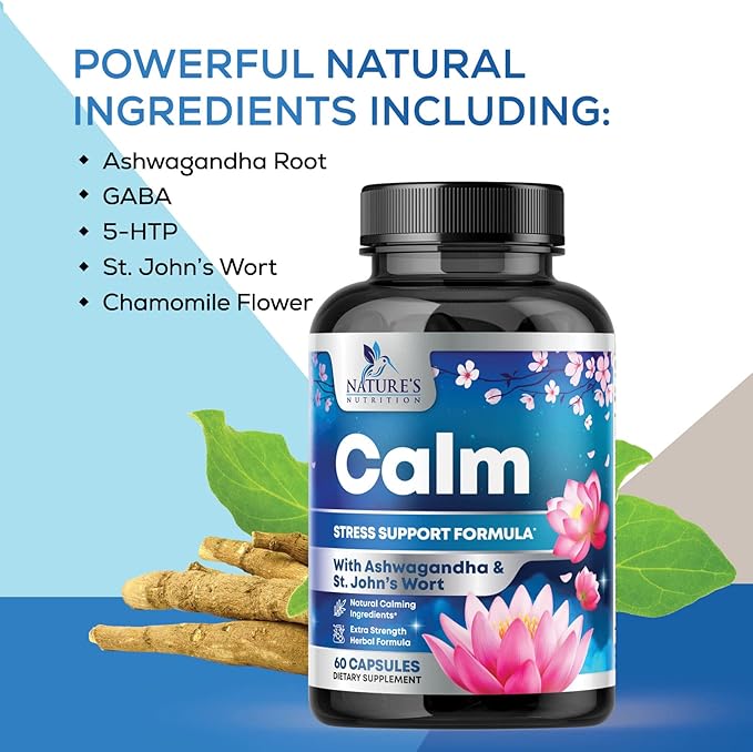 Natural Unwind, Calm, & Relax Support with Ashwagandha, GABA, Magnesium, 5-HTP, L-Theanine & B Vitamins, Natural Focus, Energy & Immune Support - Nature's Non-GMO, Vegan, Gluten Free - 60 Capsules