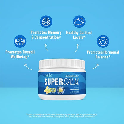 Nello Supercalm Powdered Drink Mix, Lemon Lime, L Theanine, Ksm-66 Ashwagandha, Magnesium Glycinate, Vitamin D 3, Supplements for Relaxation & Focus, Natural, No Sugar, Non GMO, Vegan, 30 Srvgs